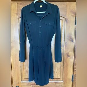 Eddie Bauer Womens Travel Shirt Dress Black Roll Tab Sleeves Button Front large